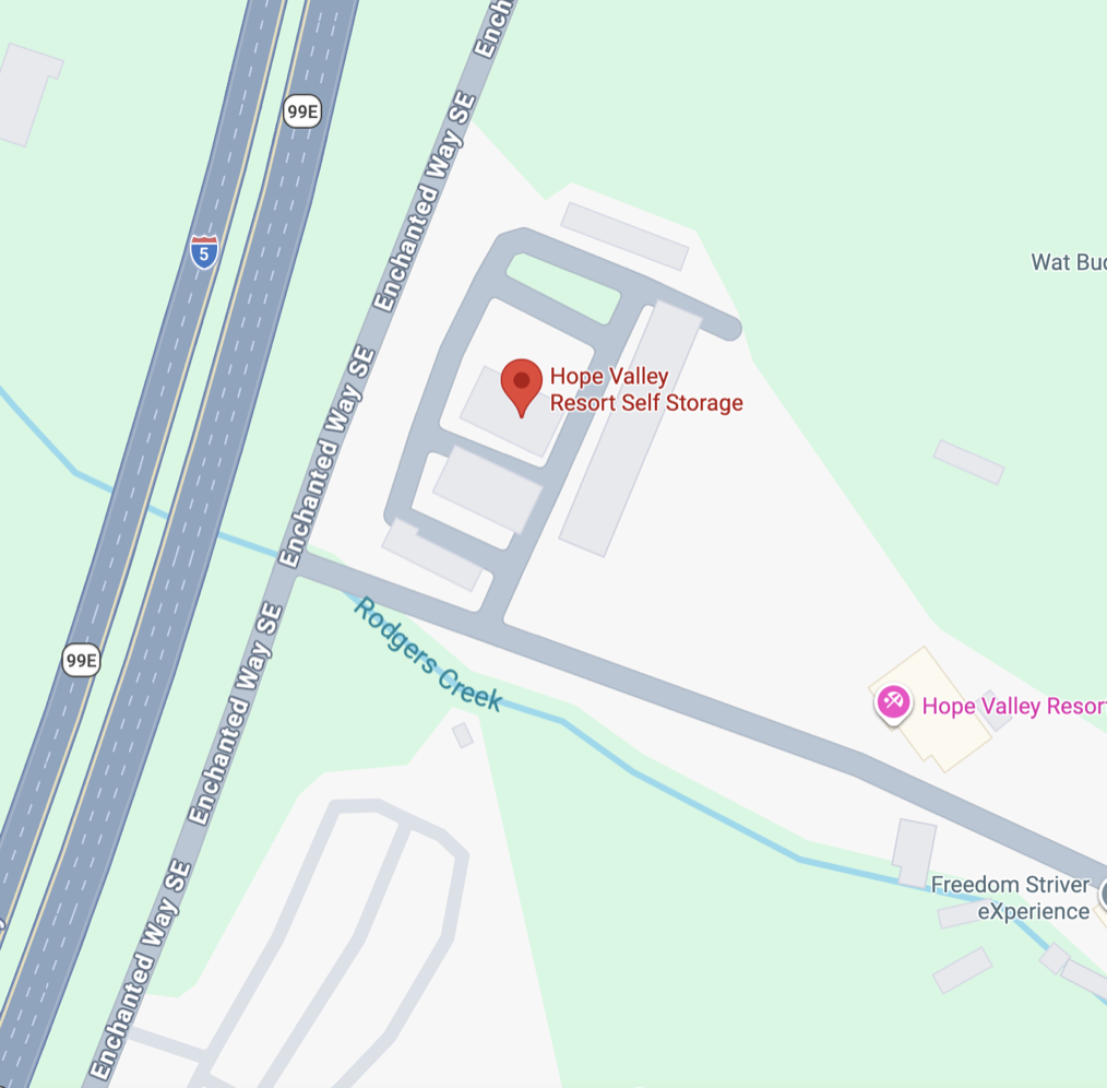 Map showing Hope Valley Resort Self Storage just off Interstate 5 in Turner, Oregon.